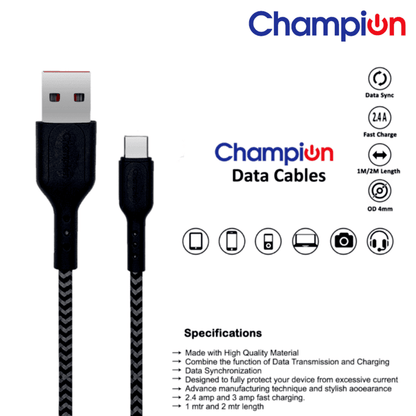 Champion USB-A to Type-C 2.4A Fast Charging Cable Braided ,Compatible with Android Phones/Tablets (Black)