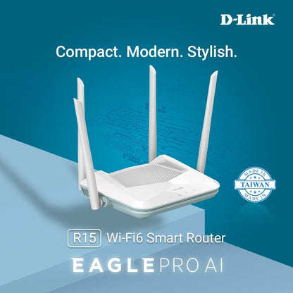 D-Link R15 AX1500 Eagle PRO AI Dual-Band Smart Router, Wi-Fi 6, 4 Gigabit Ports, 4 External Antennae, Voice Control, Parental Control