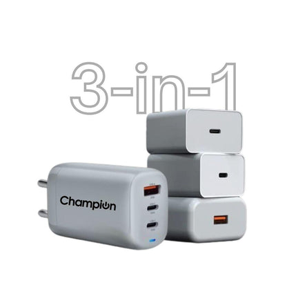 Champion 25W Wall Charger (USB+Type-C+Type-C) Supports PPS/Warp/Dash/SuperVooc Charging (White)