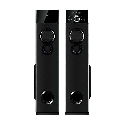 PHILIPS Audio SPA9160 2.0CH 160W Multimedia Tower Speakers with Wireless Microphone Multi-Connectivity (USB, AUX, FM) and Thumping Bass for Karaoke (Black)