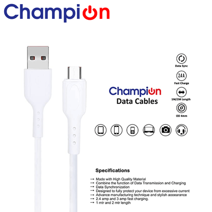 Champion Data Cable Micro PVC 2.4Amp 1Mtr (White)