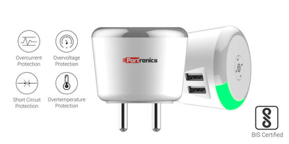 Portronics Adapto 469 Wall Charger with Safe Time Control Auto Cut-Off, LED Indicator, Smart Plug, 3.1A Quick Charging Dual USB Port (White)