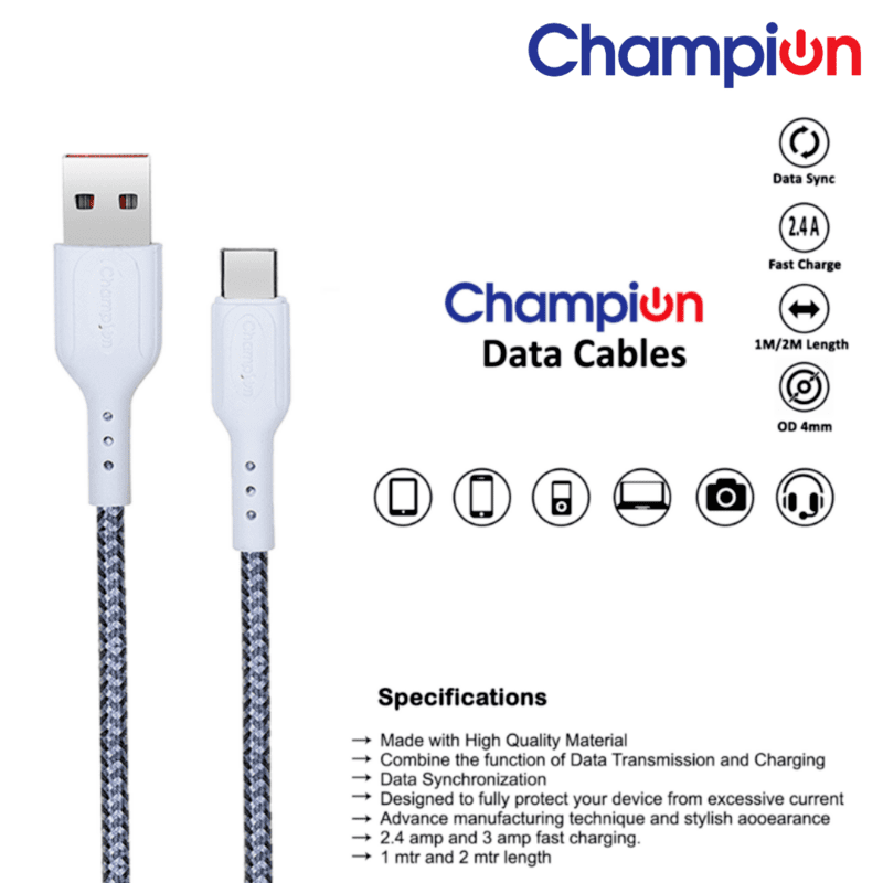 Champion USB to Type-C 2.4Amp Data Sync & Charging Cable Braided 1M for all Android & USB Type-C Devices (Grey)