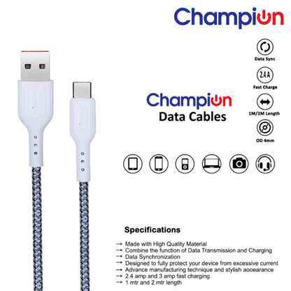 Champion USB to Type-C 2.4Amp Data Sync & Charging Cable Braided 1M for all Android & USB Type-C Devices (Grey)