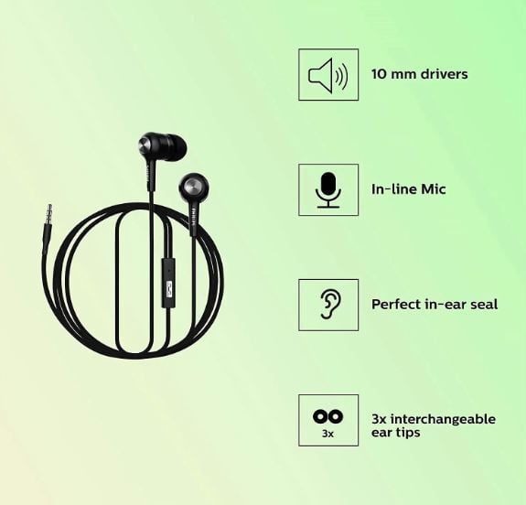 Philips Audio SHE1505BK Wired in Ear Earphones with Mic (Black)