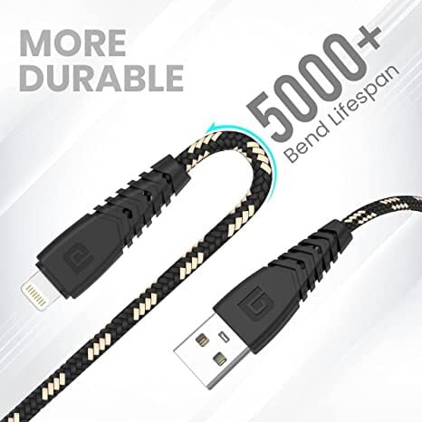 Portronics Konnect Spydr 8 Pin Cable with 3.0A Output, Fast Data Sync, 2M Length, Nylon Braided, Tangle Resistance (Black)