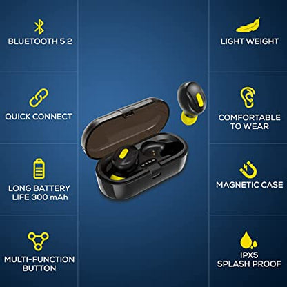 WeCool Moonwalk Mini Earbuds with Magnetic Charging Case, 30 Hours Playtime (Black and Yellow)