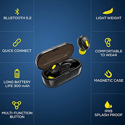 WeCool Moonwalk Mini Earbuds with Magnetic Charging Case, 30 Hours Playtime (Black and Yellow)