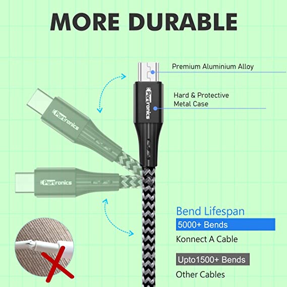 Portronics Konnect A 3A Fast Charging Nylon Braided Micro USB Cable for Android with Data Sync 2Mtr