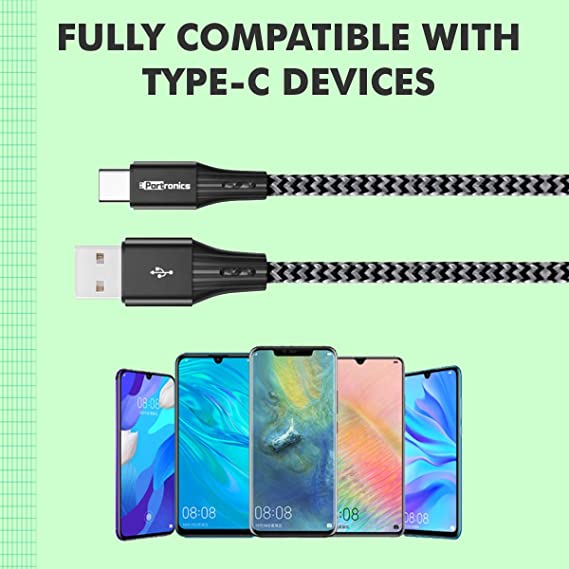 Portronics Konnect A 3A Fast Charging Nylon Braided Type C Cable with Data Sync Function 2Mtr