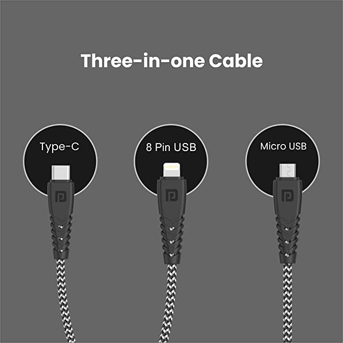 Portronics Konnect Spydr 31 3-in-1 Multi Functional with 3.0A Output Tangle Resistant, 1.2M Nylon Braided