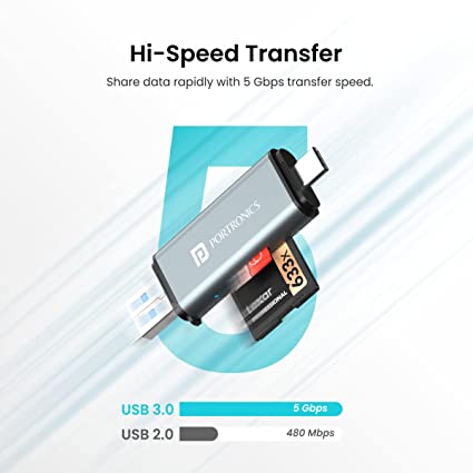 Portronics Mport 30 USB 3.0 & Type-C 2-in-1 SD Card Reader for DSLRs, Macbooks, Laptops, Smartphones and Tablets supports Mini SD