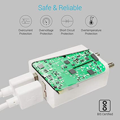 Portronics Adapto 488 Quick Charger USB Adapter,2.4A Dual USB Port + Micro USB Cable for All iOS & Android Devices (White)