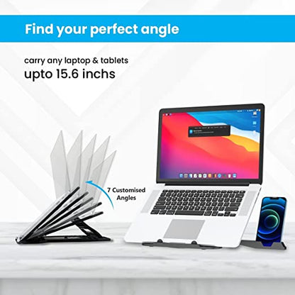 Portronics My Buddy Hexa 22 Adjustable Laptop Stand with Mobile Holder Ventilated Portable Foldable Compatible for 39.62cm (15.6 inch) Laptops (Black)