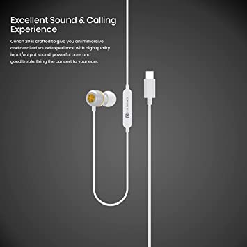 Portronics Conch 20 in Ear Wired Earphone with Type-C Jack, Powerful Audio, Built-in Microphone, Tangle Resistant Cable(White)