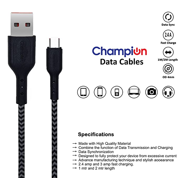 Champion USB to Micro 2.4Amp Data Sync & Charging Cable Braided 1M for all Android & Micro USB Devices (Black)