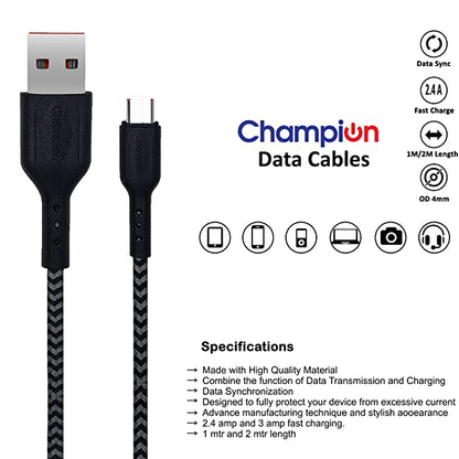 Champion USB to Micro 2.4Amp Data Sync & Charging Cable Braided 1M for all Android & Micro USB Devices (Black)
