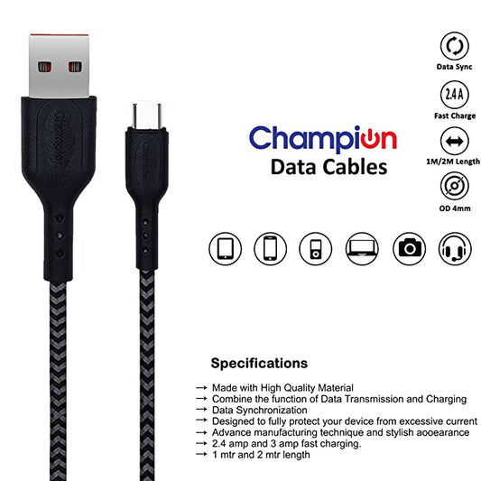 Champion USB to Micro 2.4Amp Data Sync & Charging Cable Braided 1M for all Android & Micro USB Devices (Black)