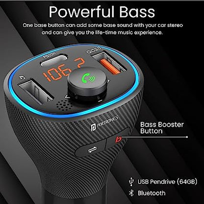Portronics Auto 15 Bluetooth - FM Transmitter In-Car Fast Charger (PD 20W+QC3.0) (Black)