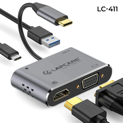 Lapcare LC411| 4-in-1 Travel Docking Station | Supports Windows/Mac/Linux | 5 Gbps Speed | Plug & Play | USB/PD/HDMI/VGA