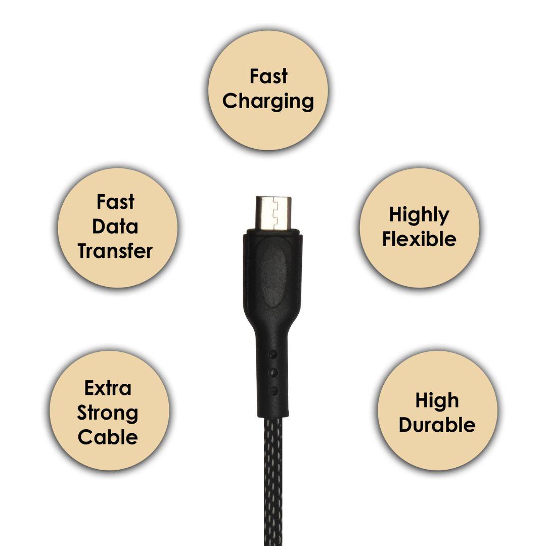Champion Micro USB 3Amp Data Sync & Charging Cable Fishnet 1M for all Android & Micro USB Devices (Black)