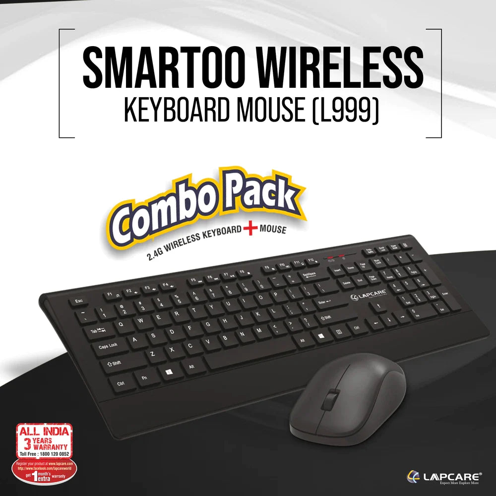 Lapcare Smartoo 2.4ghz Wireless Keyboard and Mouse Combo |Anto Sleep Funtion | Plug and Play Nano Receiver with USB Dongle |1200 DPI Optical Mouse|Black