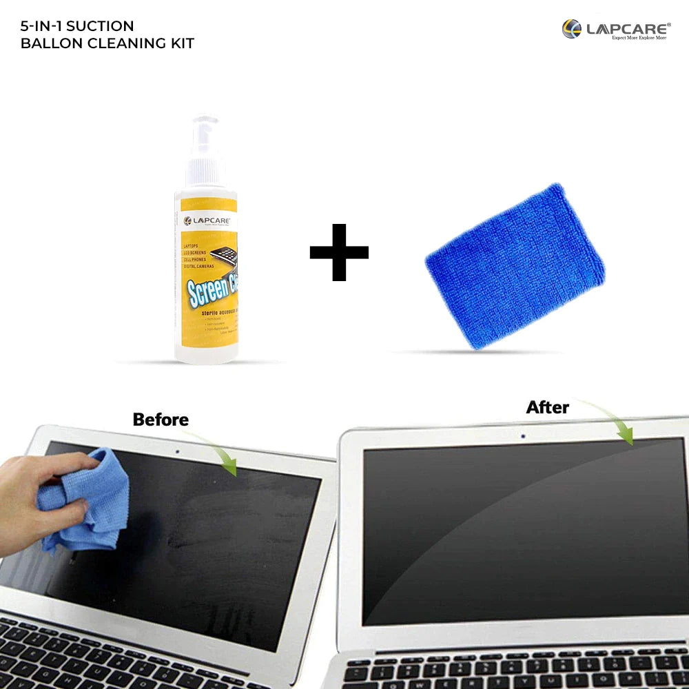 LAPCARE 5in1 Screen Cleaning Kit with Suction Balloon for PC,Monitors, Mobiles, LCD, LED, TV,Prevents Static Electricity,125ml with Micro Fiber Cloth & Compact Brush
