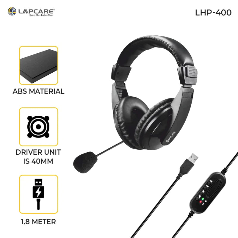LAPCARE LHP-400 Over Ear Wired Headphone with 40 MM Driver, HD Sound,3 Way Adjustable Mic (Black)