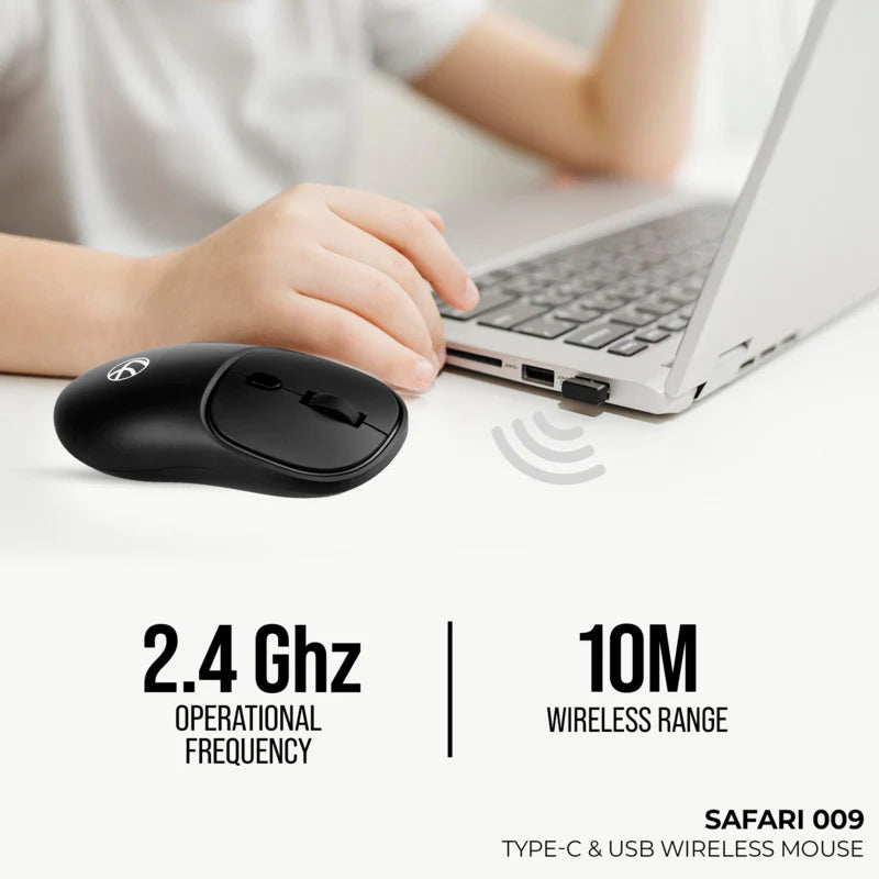 LAPCARE Safari 009 Type-C & USB Wireless Mouse | 10M Wireless Range | 2.4GHz/1600 DPI | Ambidextrous Design | Compatible With PC/Mac/Laptop (Black)