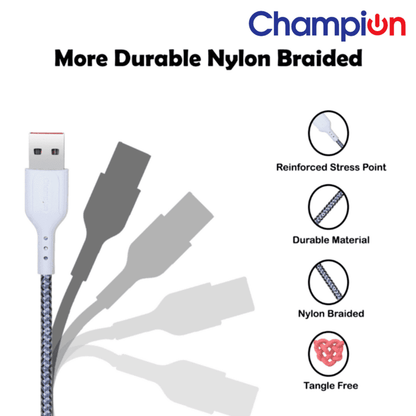Champion USB to Type-C 2.4Amp Data Sync & Charging Cable Braided 1M for all Android & USB Type-C Devices (Grey)