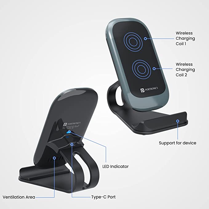 Portronics Freedom 15 Desktop Wireless Charger with 15W, Double Coil, Non-Slip, Optional Charging Angle for Cellular Phones