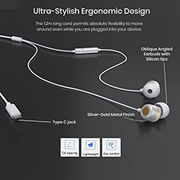 Portronics Conch 20 in Ear Wired Earphone with Type-C Jack, Powerful Audio, Built-in Microphone, Tangle Resistant Cable(White)