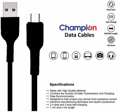 Champion USB to Micro 3Amp Data Sync & Charging Cable PVC 1M for all Android & Micro USB Devices (Black)
