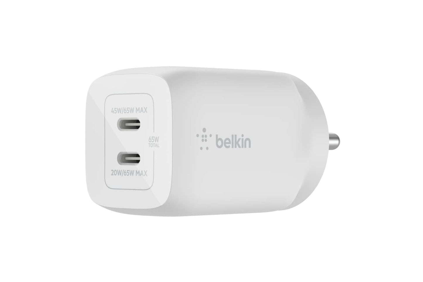 Belkin 65W Gan Dual USB-C , PD 3.0 Fast Charger, For iPhone 15, 14, 13, 12, MacBook Pro & Other USB-C Supported Devices (White)