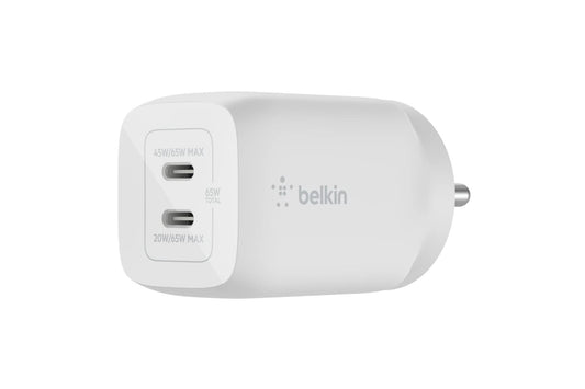 Belkin 65W Gan Dual USB-C , PD 3.0 Fast Charger, For iPhone 15, 14, 13, 12, MacBook Pro & Other USB-C Supported Devices (White)