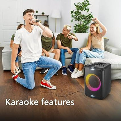 Philips Audio TAX3206 80 W Bluetooth Party Speaker with 14 Hours Play Time, Karaoke Features, Guitar and Mic Input, Party Lights and Carry Handle - Black