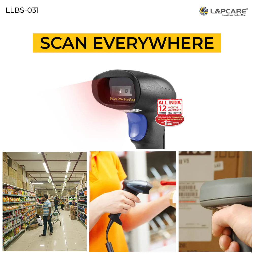 Lapcare 2D Wired Laser Barcode Scanner BIS Approved,High Speed for POS System Supermarket,CMOS Image Sensor,