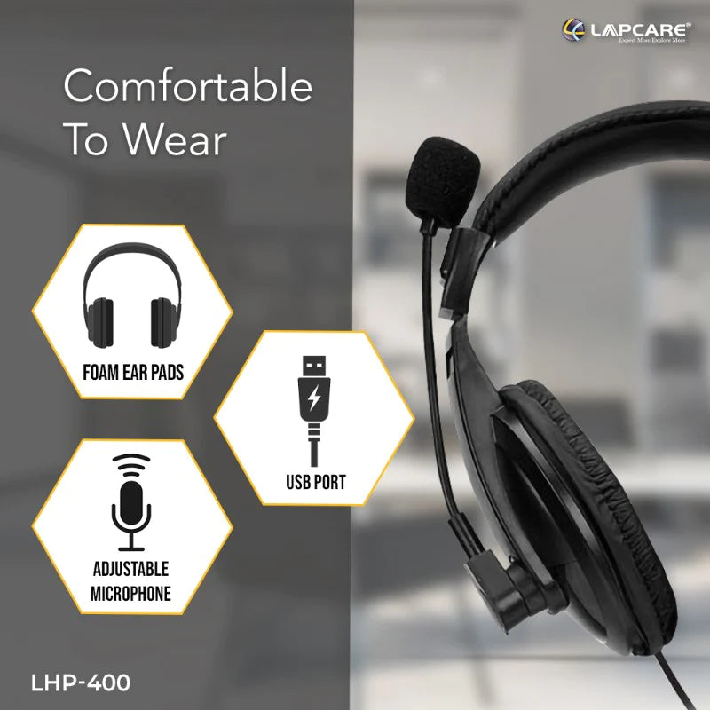 LAPCARE LHP-400 Over Ear Wired Headphone with 40 MM Driver, HD Sound,3 Way Adjustable Mic (Black)