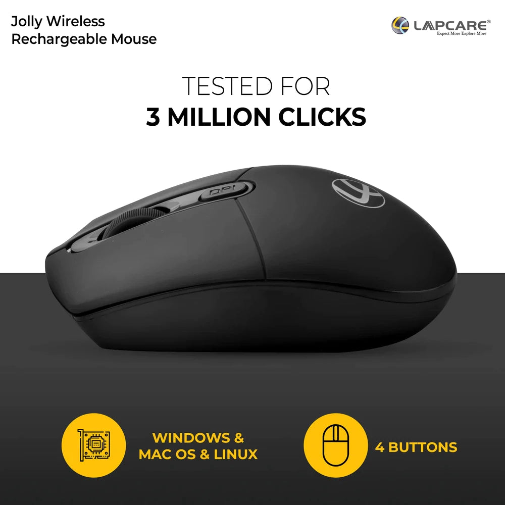 Lapcare Jolly LMW-111 Wireless Rechargeable Mouse with 4 Durable Keys and DPI Upto 1600 Ergonomic Shape, Black