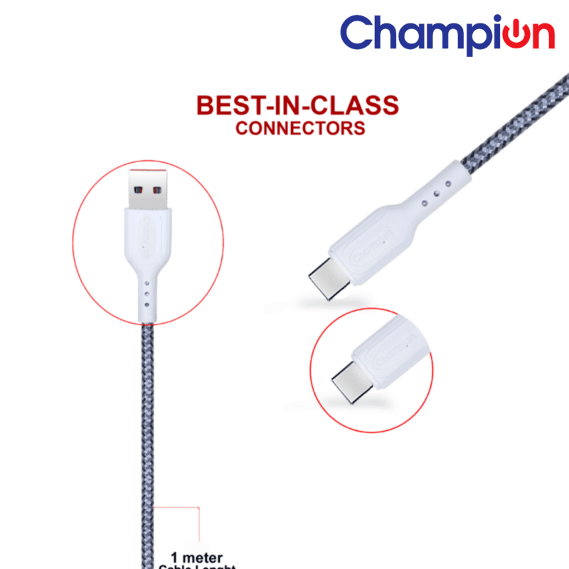 Champion USB to Type-C 2.4Amp Data Sync & Charging Cable Braided 1M for all Android & USB Type-C Devices (Grey)
