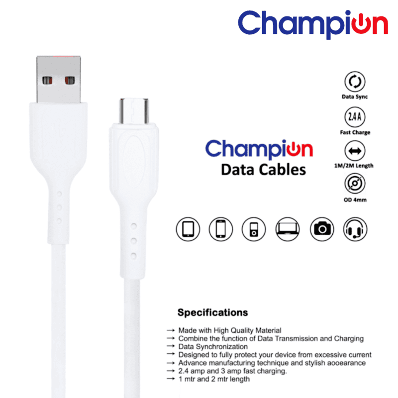 Buy 1 Get 1 Free Champion Micro Data Cable White (Pack of 2)