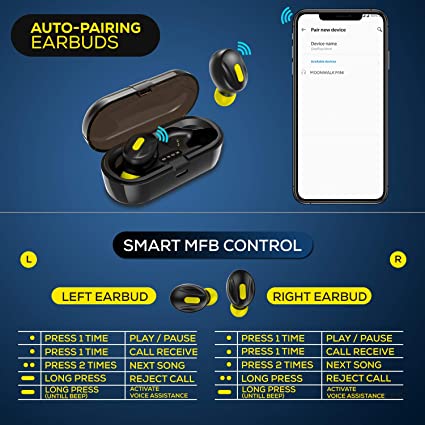WeCool Moonwalk Mini Earbuds with Magnetic Charging Case, 30 Hours Playtime (Black and Yellow)