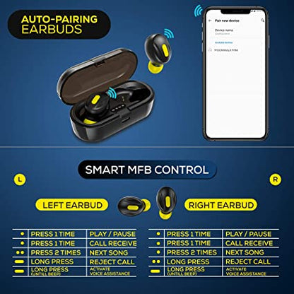 WeCool Moonwalk Mini Earbuds with Magnetic Charging Case, 30 Hours Playtime (Black and Yellow)