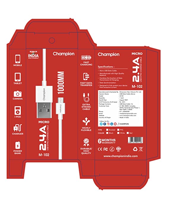Champion USB to Micro USB Charging & Data Cable 2.4A PVC White