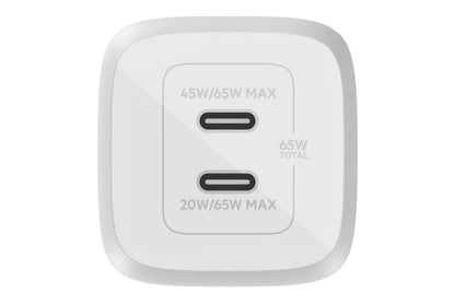 Belkin 65W Gan Dual USB-C , PD 3.0 Fast Charger, For iPhone 15, 14, 13, 12, MacBook Pro & Other USB-C Supported Devices (White)