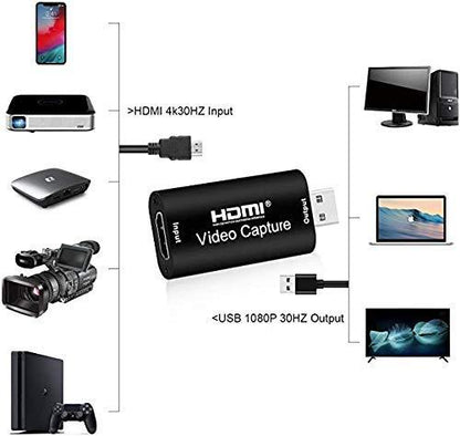 HDMI to USB 2.0 Video Capture Device - 1080P HD 30fps, Live Streaming, Gaming, Teaching, Video Conferencing (Black)