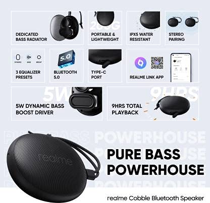 Realme 5W Cobble Bluetooth Speaker with IPX5 Water Resistant, Bass Booster Driver, Metal Black, RMA2002
