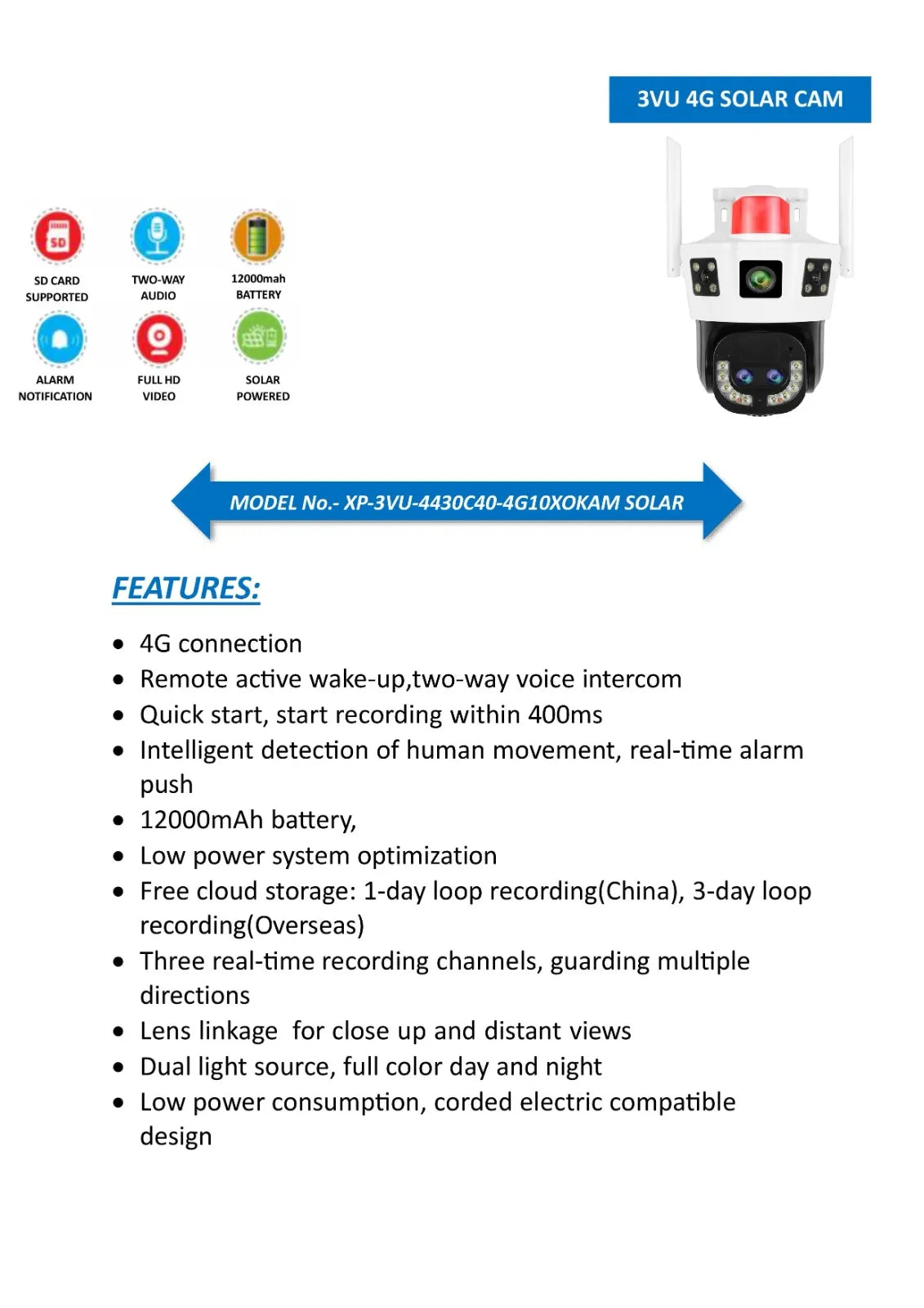 CCTV Camera 4G Solar-Powered 3MP Triple Lens Security Camera with 10X Zoom ,Wireless Outdoor Surveillance, Dual View, Motion Detection, Two-Way Audio, Built-in Alarm & Siren