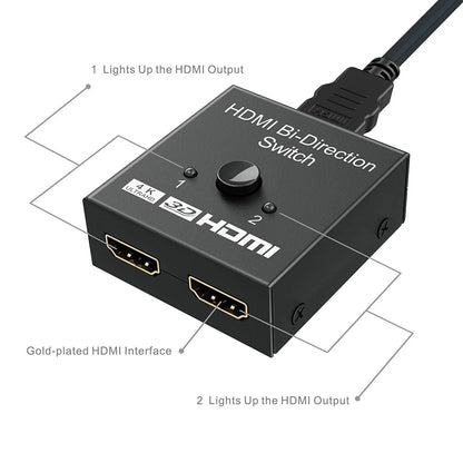 HDMI 4K 2.0 Bi-Directional Switch | 2 In 1 Out / 1 In 2 Out | 4K @ 60Hz, HDR, 3D & HDCP Pass-Through | Manual Toggle Hub for Gaming & Home Theater
