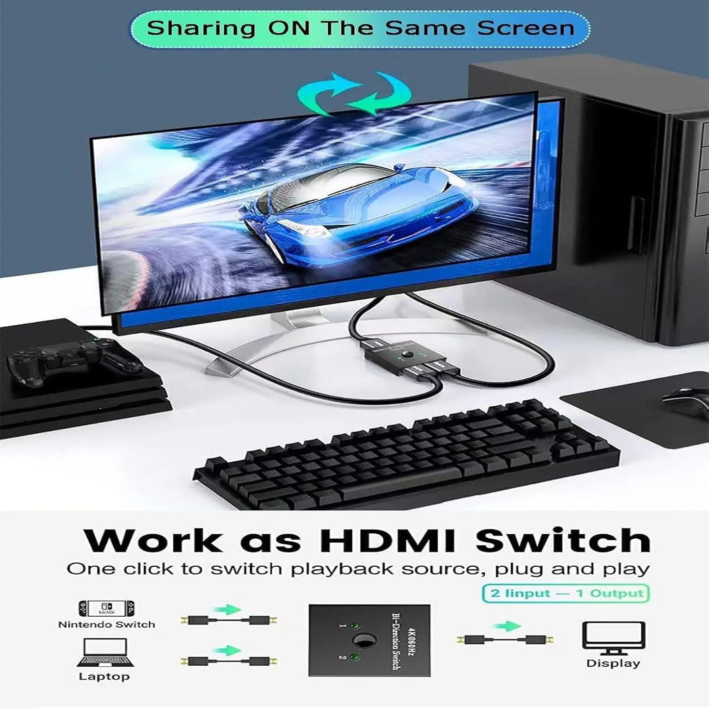 HDMI 4K 2.0 Bi-Directional Switch | 2 In 1 Out / 1 In 2 Out | 4K @ 60Hz, HDR, 3D & HDCP Pass-Through | Manual Toggle Hub for Gaming & Home Theater